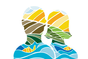 Banner del curso sobre género y medio ambiente de UN CC:Learn. Muestra dos siluetas humanas del torso para arriba, decoradas con colores que evocan el mar, la tierra, el campo y las nubes.
