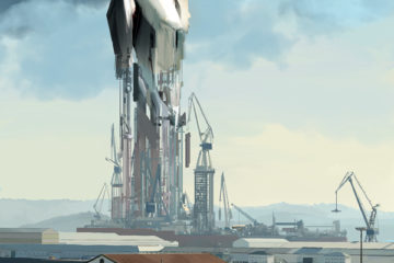 Cartel de la HispaCón 2022. Se ve un robot gigante construido en los astilleros de Ferrol.