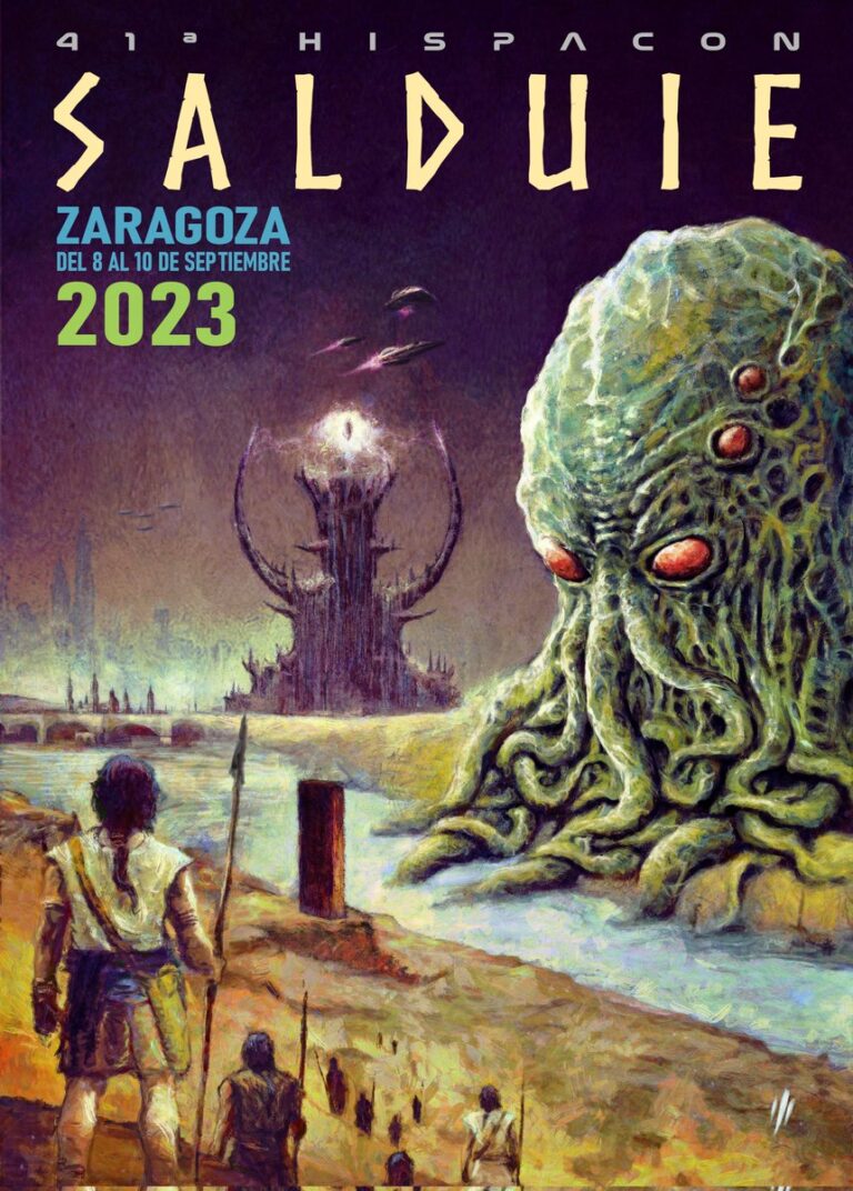 Cartel de la Hispacón, en el que aparece un grupo de iberos armados con lanzas acercándose al río Ebro, en cuya orilla se encuentra Cthulhu. Al fondo se ve una torre con el ojo de Sauron, sobrevolada por varios ovnis. El texto de la parte superior de la imagen dice: «41º HISPACÓN SALDUIE. ZARAGOZA.DEL 8 AL 10 DE SEPTIEMBRE 2023».